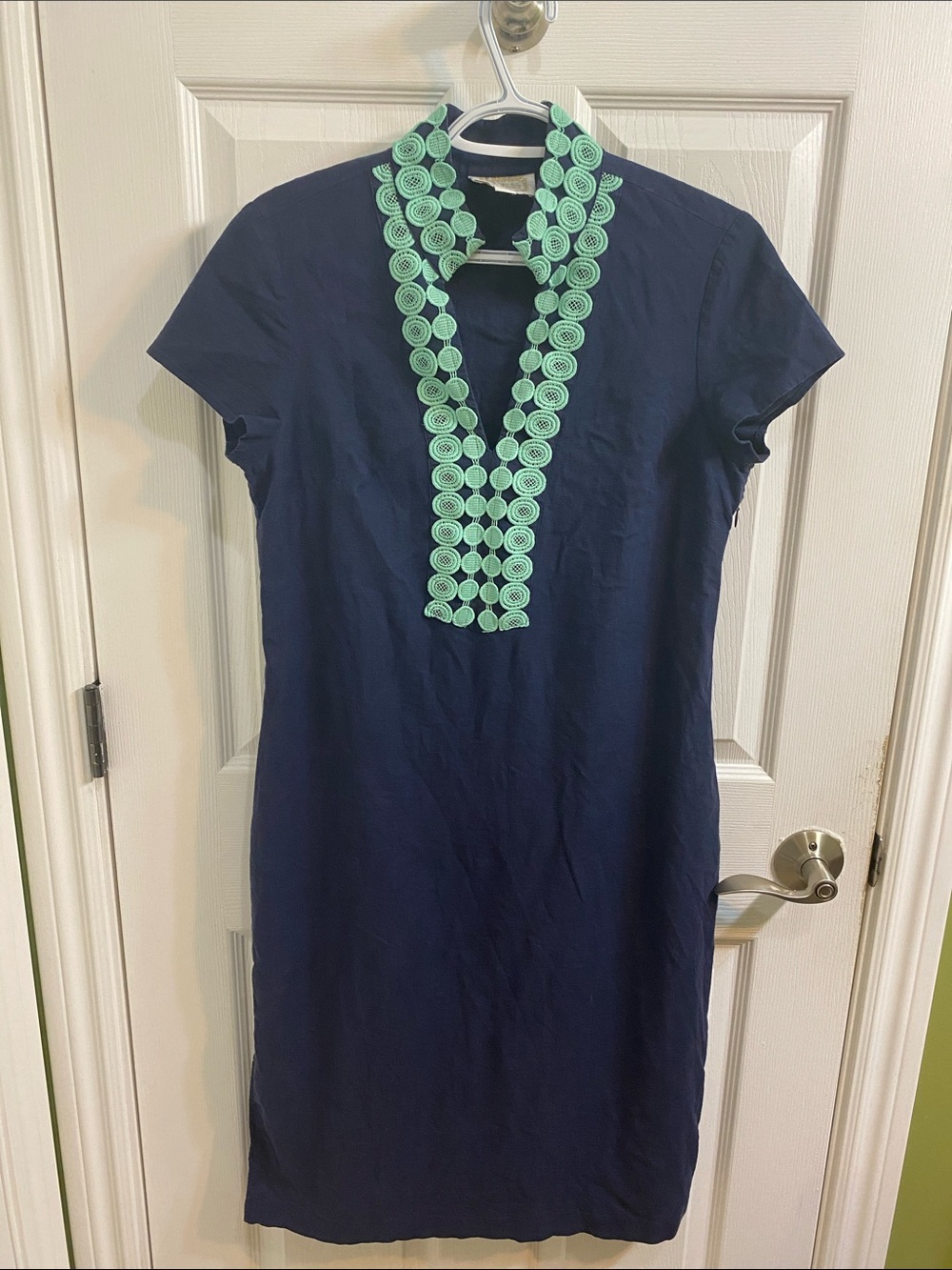 STS Sail To Sable Womens Linen Blend Tunic Dress Navy Turquoise Embroidered Med